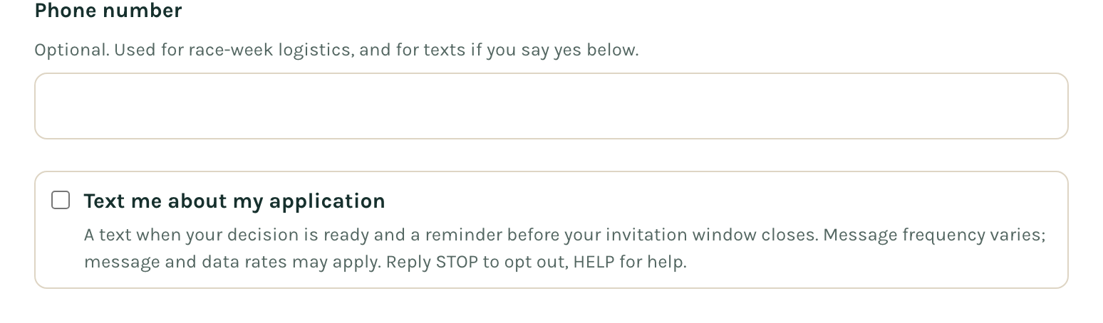 The application form: an optional phone number field, then an unticked checkbox labeled Text me about my application, with the disclosure beneath it