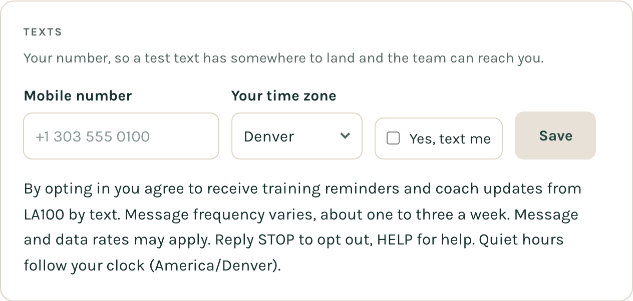 The Settings page's Texts card: a mobile number field, a time zone picker, an unticked checkbox labeled Yes, text me, a Save button, and the disclosure beneath them